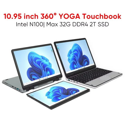 11inch Yoga Touch Screen Laptop Intel N100 Quad Core DDR4 32GB RAM 1TB SSD 360 Degree Rotating Slim Notebook Computer Laptops