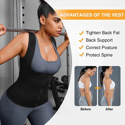 Women's Sleeveless Sauna Suit Zipper Waist Trainer Vest Sweat Tank Top Shaper Tummy Control for Weight Loss Ladies Gym Clothing