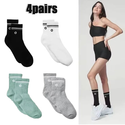 4 Pairs Fashion Alphabet Printed Yoga Mid Tube Socks Unisex Pure Cotton Sweat Absorbing Breathable Classic Outdoor Leisure Daily
