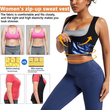 Women's Sleeveless Sauna Suit Zipper Waist Trainer Vest Sweat Tank Top Shaper Tummy Control for Weight Loss Ladies Gym Clothing